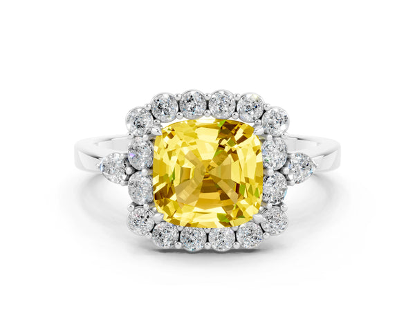 Silver Cushion Cut Yellow Sapphire Halo Ring with Pear Side Stones and Prong Setting