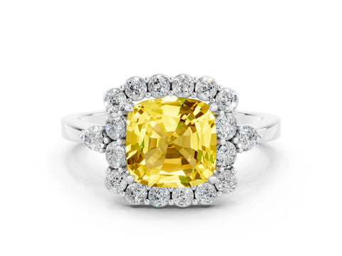 White gold Cushion Cut Yellow Sapphire Halo Ring with Pear Side Stones and Prong Setting_24