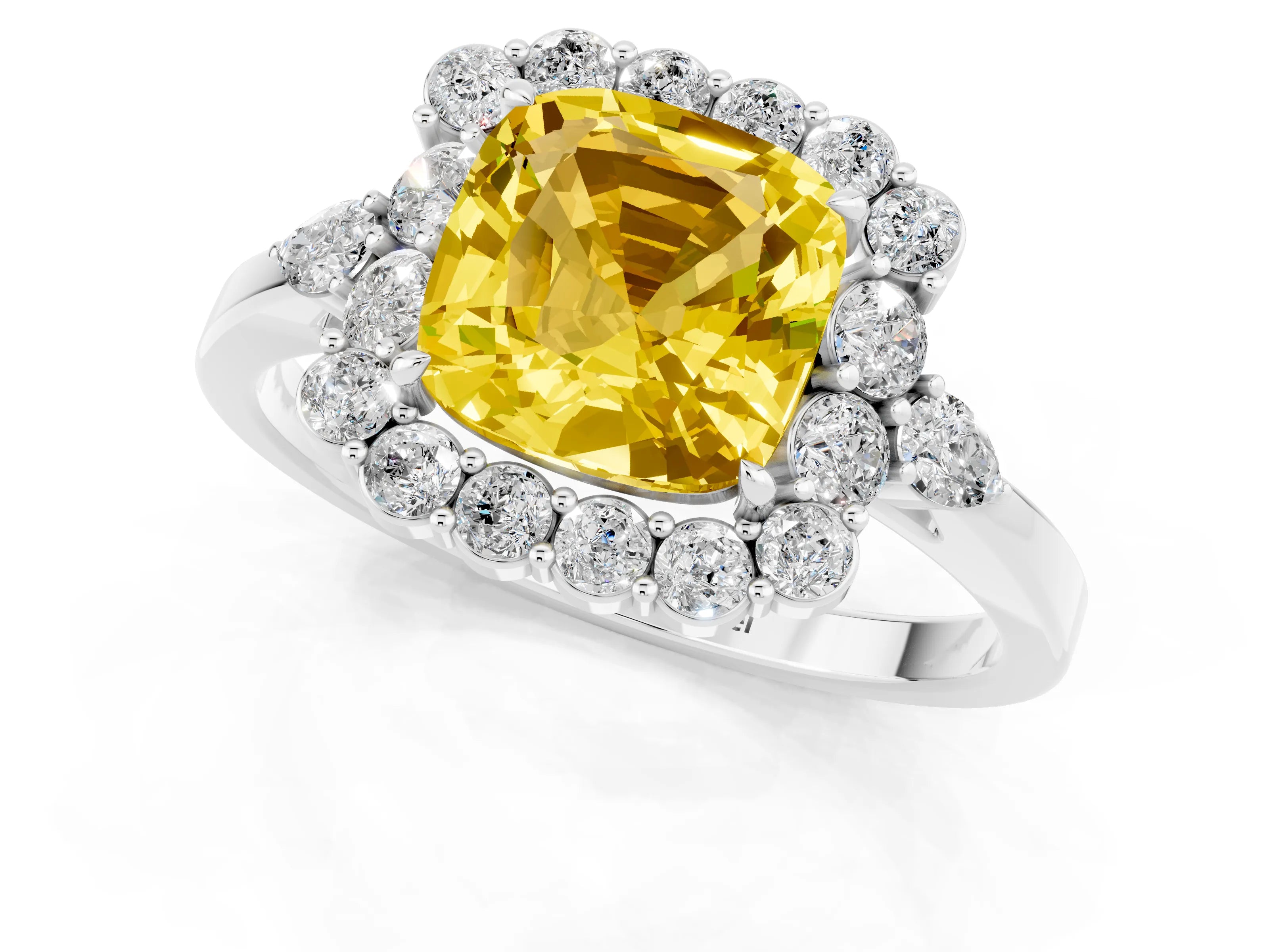 White gold Cushion Cut Yellow Sapphire Halo Ring with Pear Side Stones and Prong Setting_25