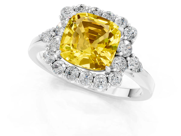 Silver Cushion Cut Yellow Sapphire Halo Ring with Pear Side Stones and Prong Setting