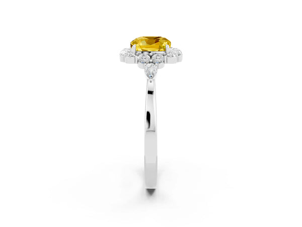 Platinum Cushion Cut Yellow Sapphire Halo Ring with Pear Side Stones and Prong Setting