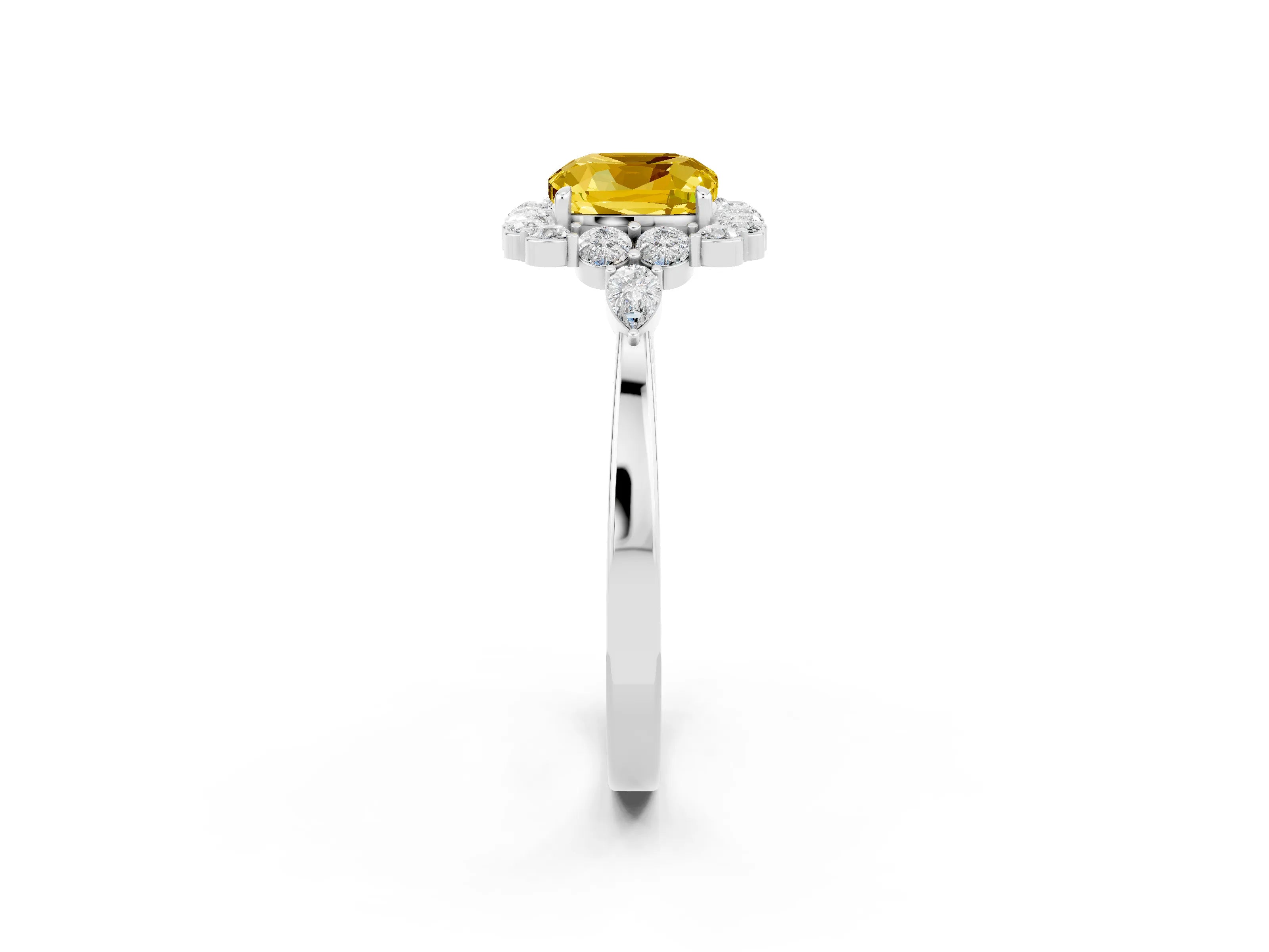 White gold Cushion Cut Yellow Sapphire Halo Ring with Pear Side Stones and Prong Setting_26