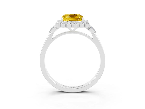 Platinum Cushion Cut Yellow Sapphire Halo Ring with Pear Side Stones and Prong Setting