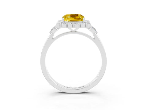 White gold Cushion Cut Yellow Sapphire Halo Ring with Pear Side Stones and Prong Setting_27