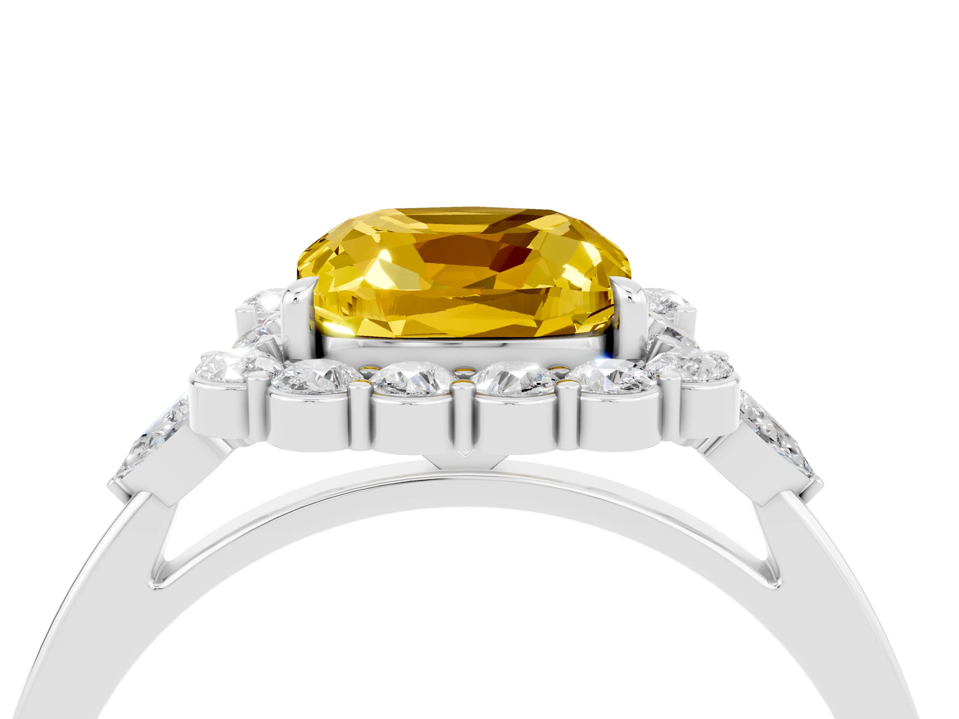 White gold Cushion Cut Yellow Sapphire Halo Ring with Pear Side Stones and Prong Setting_28