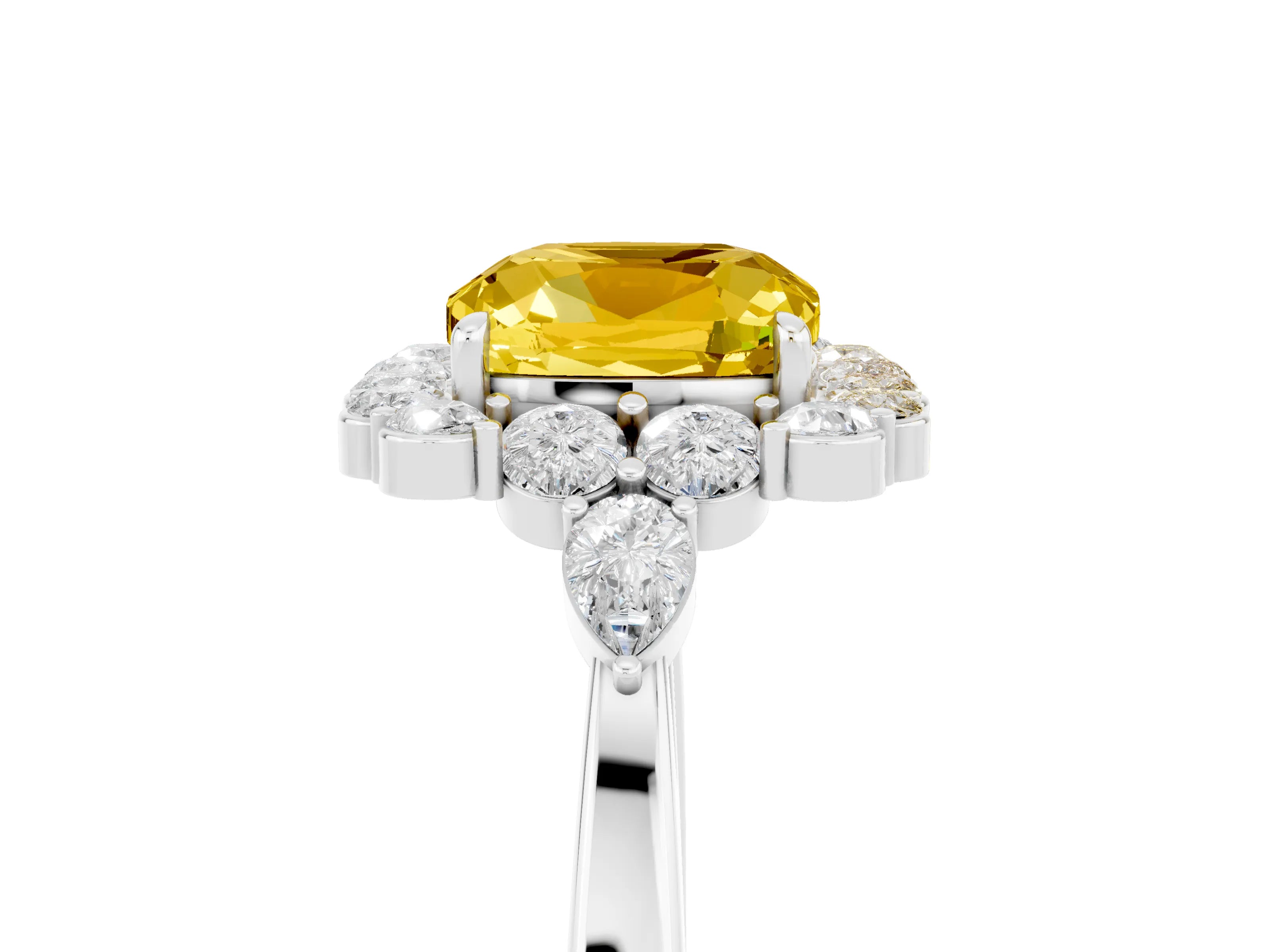 White gold Cushion Cut Yellow Sapphire Halo Ring with Pear Side Stones and Prong Setting_29