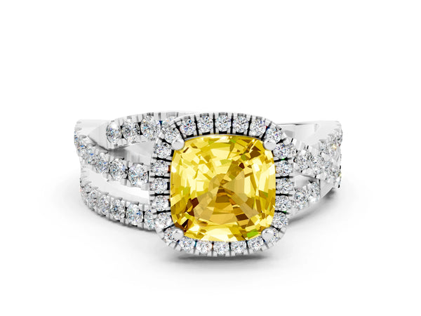 Platinum Cushion Cut Yellow Sapphire Halo Ring with Round Split Shank and Prong Setting