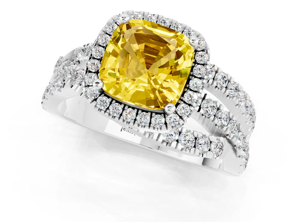 Platinum Cushion Cut Yellow Sapphire Halo Ring with Round Split Shank and Prong Setting
