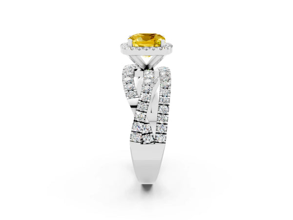 Silver Cushion Cut Yellow Sapphire Halo Ring with Round Split Shank and Prong Setting