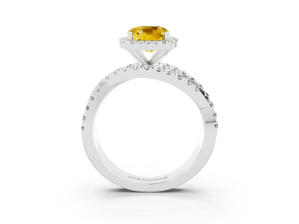 Silver Cushion Cut Yellow Sapphire Halo Ring with Round Split Shank and Prong Setting