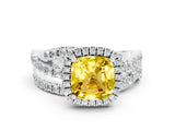 White gold Cushion Cut Yellow Sapphire Halo Ring with Round Split Shank and Prong Setting_60