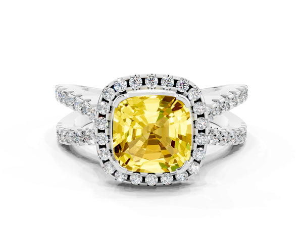 Silver Cushion Cut Yellow Sapphire Halo Ring with Split Shank Pavé Band and Prong Setting