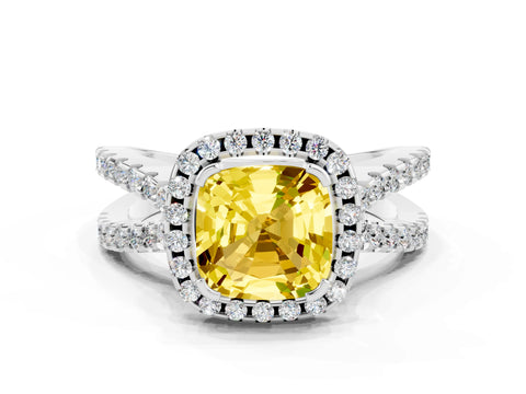 White gold Cushion Cut Yellow Sapphire Halo Ring with Split Shank Pavé Band and Prong Setting_12