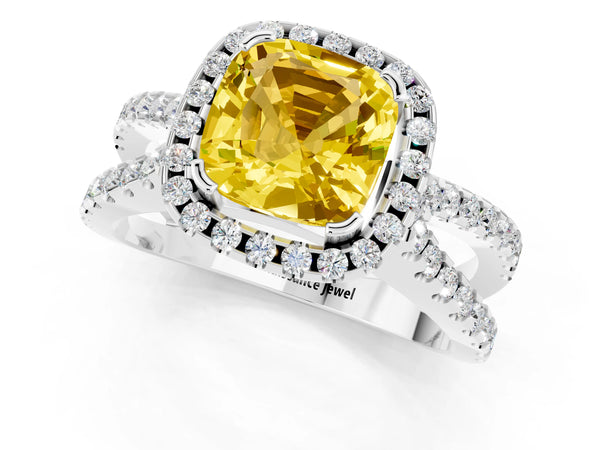 Platinum Cushion Cut Yellow Sapphire Halo Ring with Split Shank Pavé Band and Prong Setting