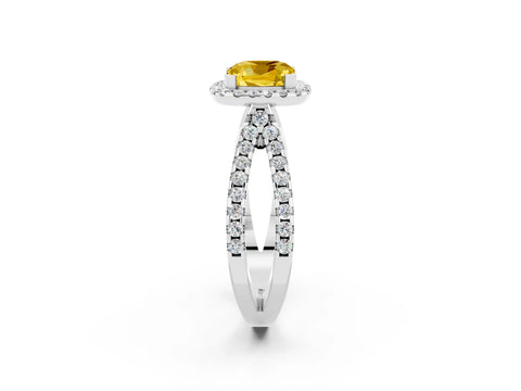 White gold Cushion Cut Yellow Sapphire Halo Ring with Split Shank Pavé Band and Prong Setting_14