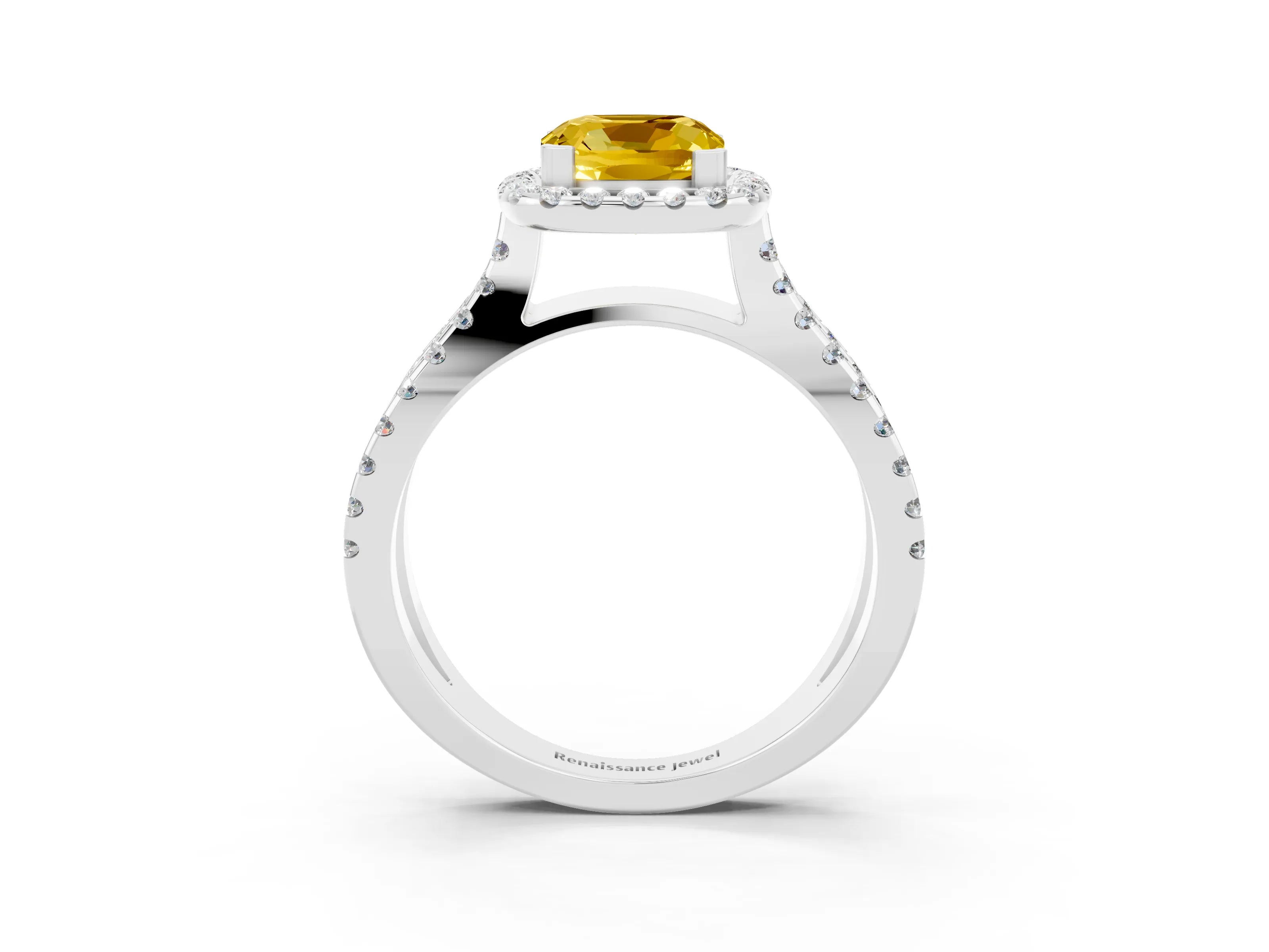 White gold Cushion Cut Yellow Sapphire Halo Ring with Split Shank Pavé Band and Prong Setting_15