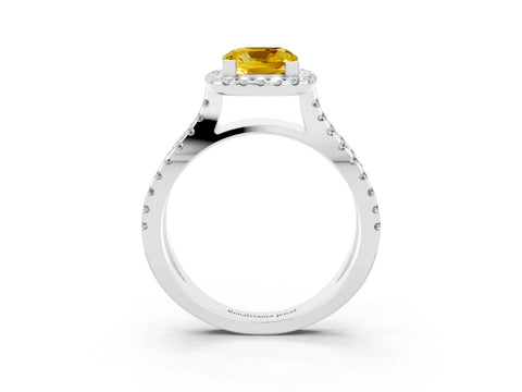 White gold Cushion Cut Yellow Sapphire Halo Ring with Split Shank Pavé Band and Prong Setting_15