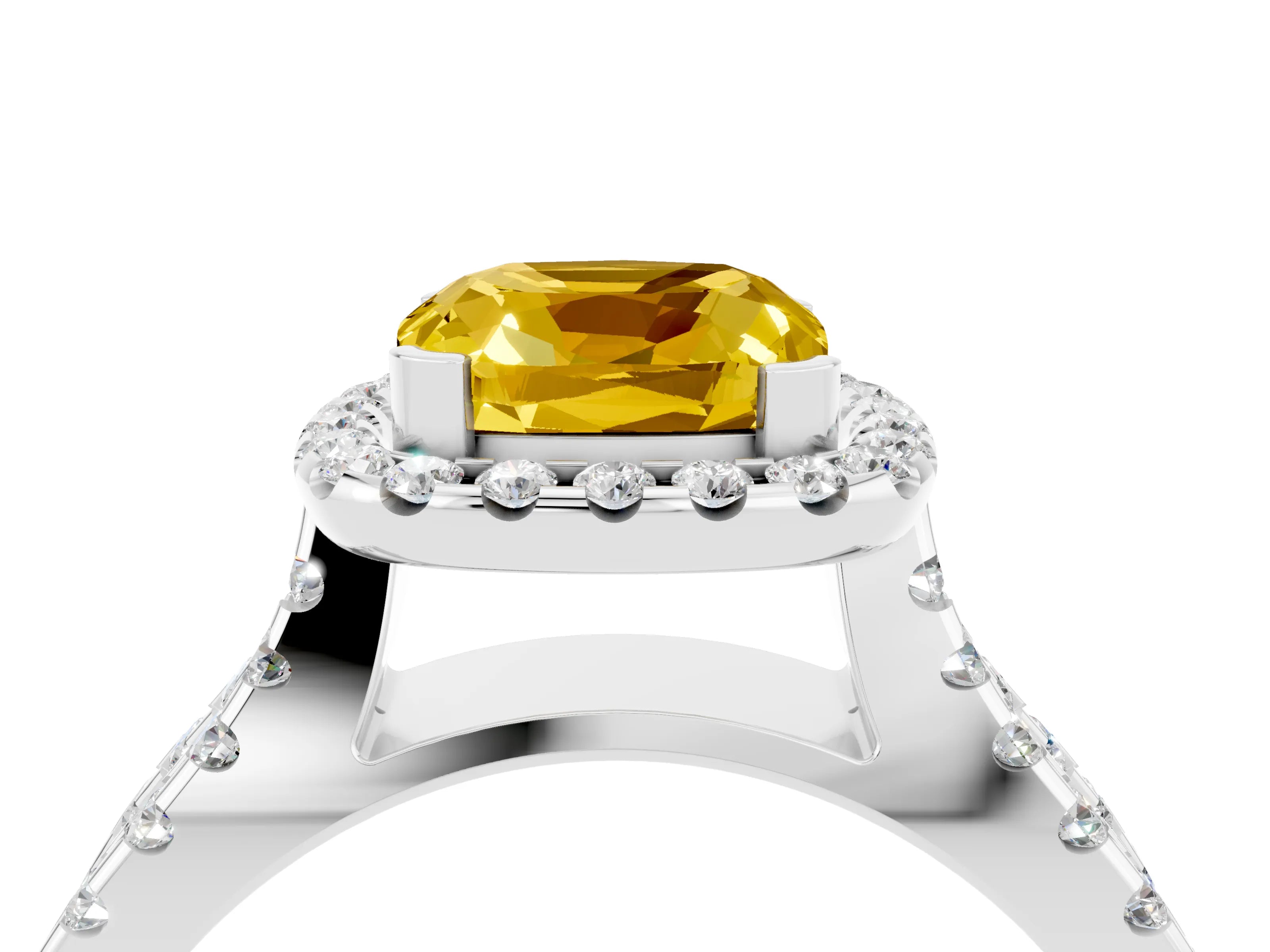 White gold Cushion Cut Yellow Sapphire Halo Ring with Split Shank Pavé Band and Prong Setting_16