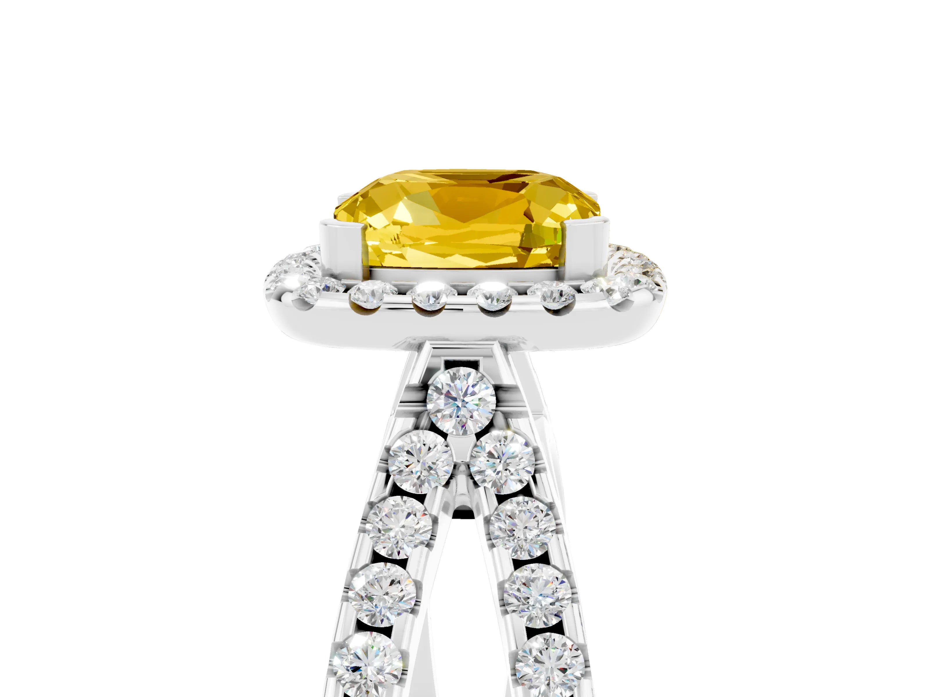 White gold Cushion Cut Yellow Sapphire Halo Ring with Split Shank Pavé Band and Prong Setting_17