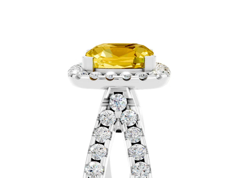 White gold Cushion Cut Yellow Sapphire Halo Ring with Split Shank Pavé Band and Prong Setting_17