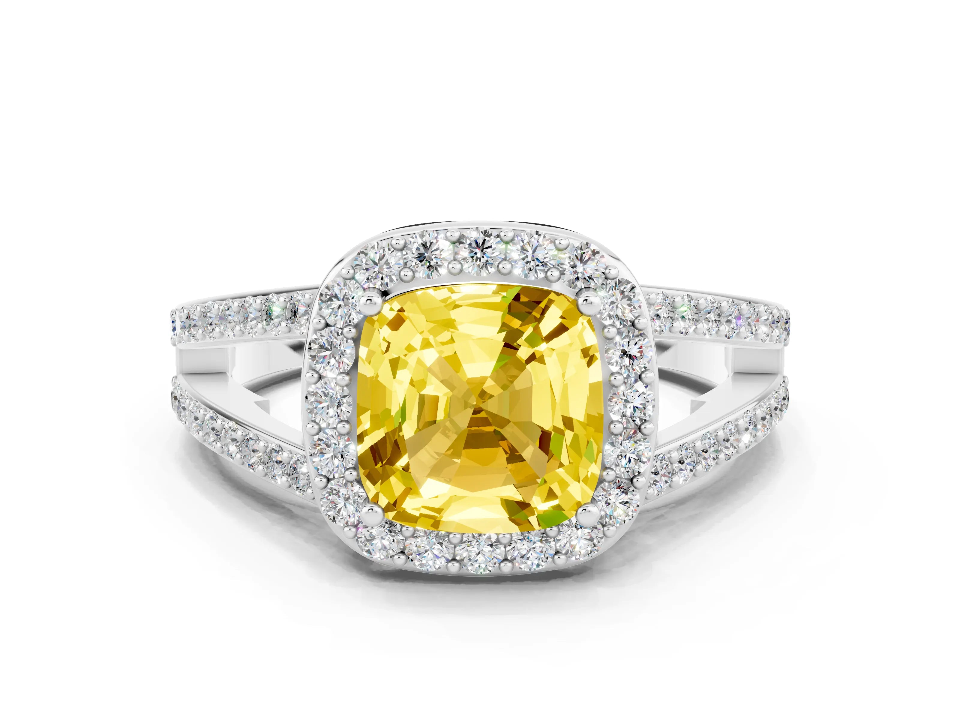 White gold Cushion Cut Yellow Sapphire Halo Ring with Split Shank U-Prong Band and Four-Prong Setting