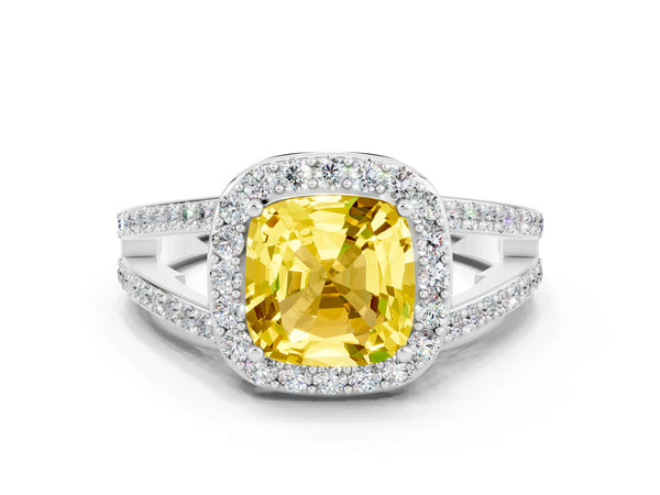 Platinum Cushion Cut Yellow Sapphire Halo Ring with Split Shank U-Prong Band and Four-Prong Setting