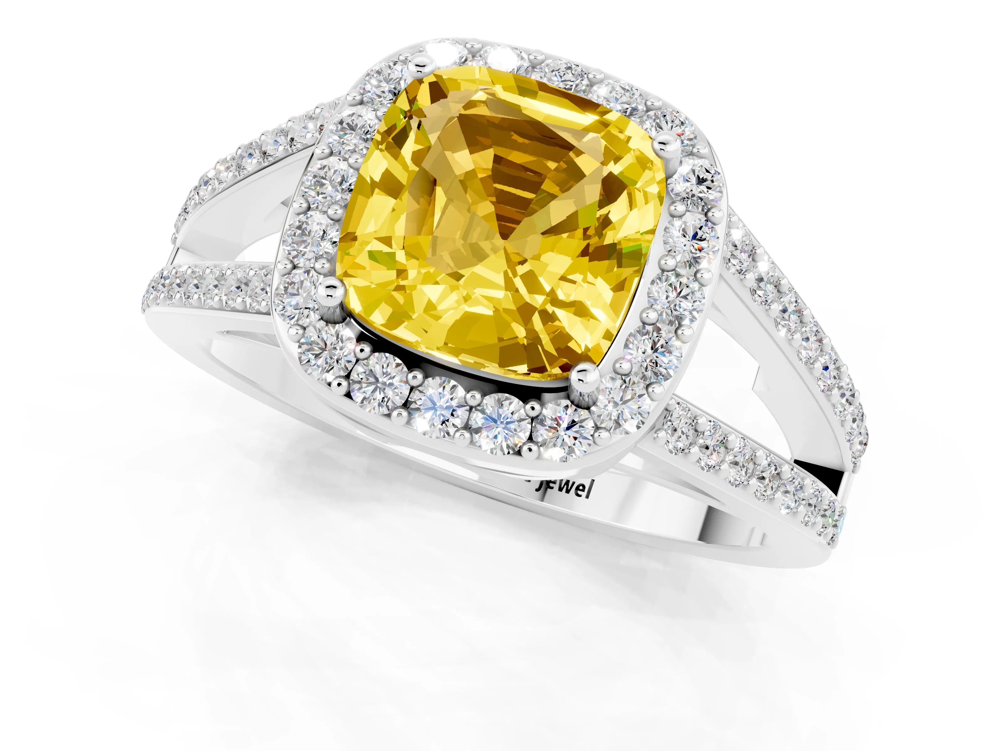 White gold Cushion Cut Yellow Sapphire Halo Ring with Split Shank U-Prong Band and Four-Prong Setting_1