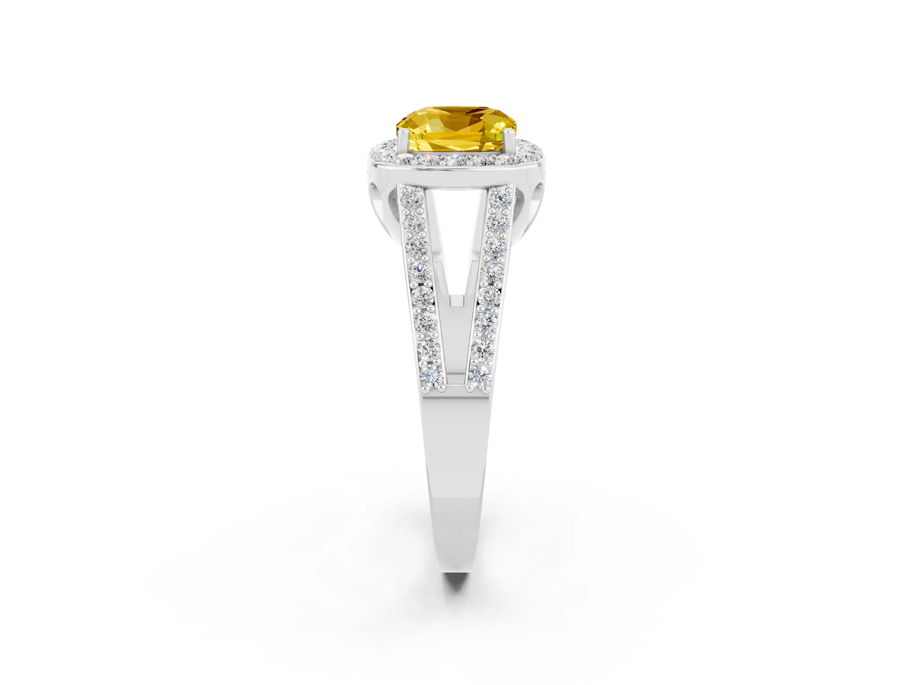 White gold Cushion Cut Yellow Sapphire Halo Ring with Split Shank U-Prong Band and Four-Prong Setting_2