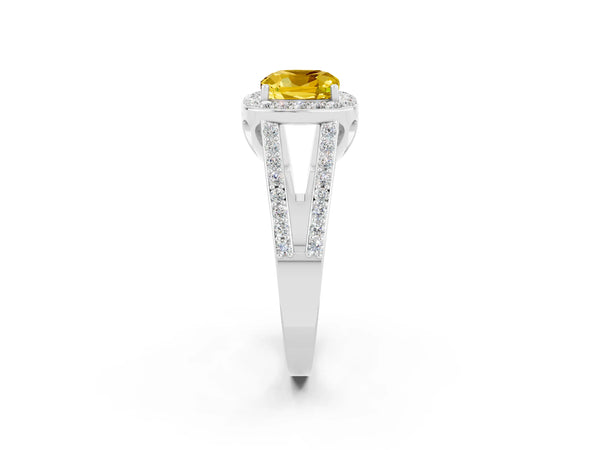 Silver Cushion Cut Yellow Sapphire Halo Ring with Split Shank U-Prong Band and Four-Prong Setting