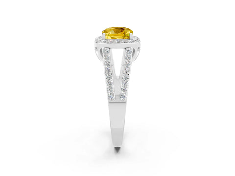 White gold Cushion Cut Yellow Sapphire Halo Ring with Split Shank U-Prong Band and Four-Prong Setting_2