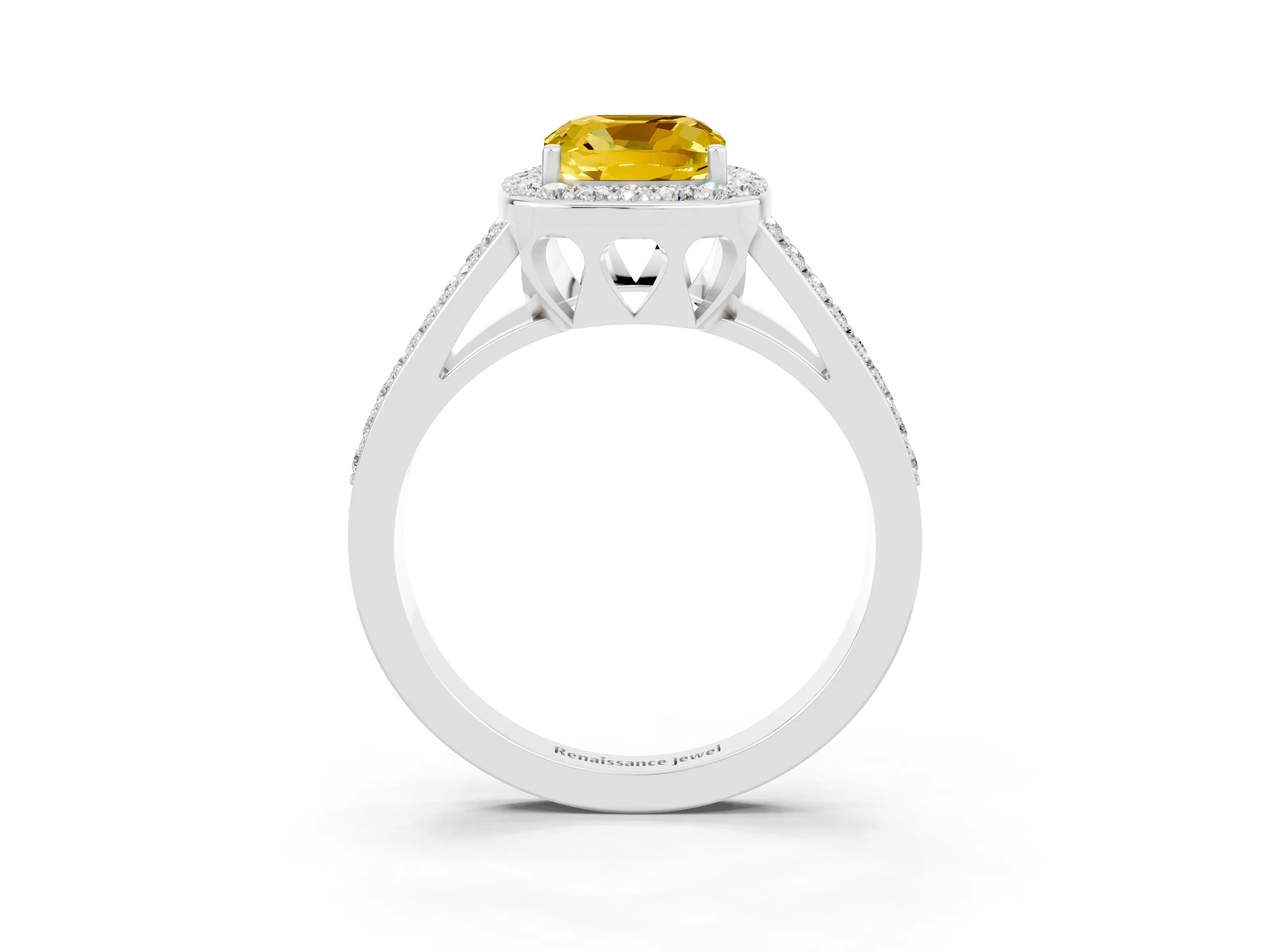 White gold Cushion Cut Yellow Sapphire Halo Ring with Split Shank U-Prong Band and Four-Prong Setting_3