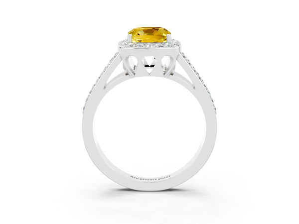 White gold Cushion Cut Yellow Sapphire Halo Ring with Split Shank U-Prong Band and Four-Prong Setting