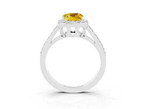 White gold Cushion Cut Yellow Sapphire Halo Ring with Split Shank U-Prong Band and Four-Prong Setting_3
