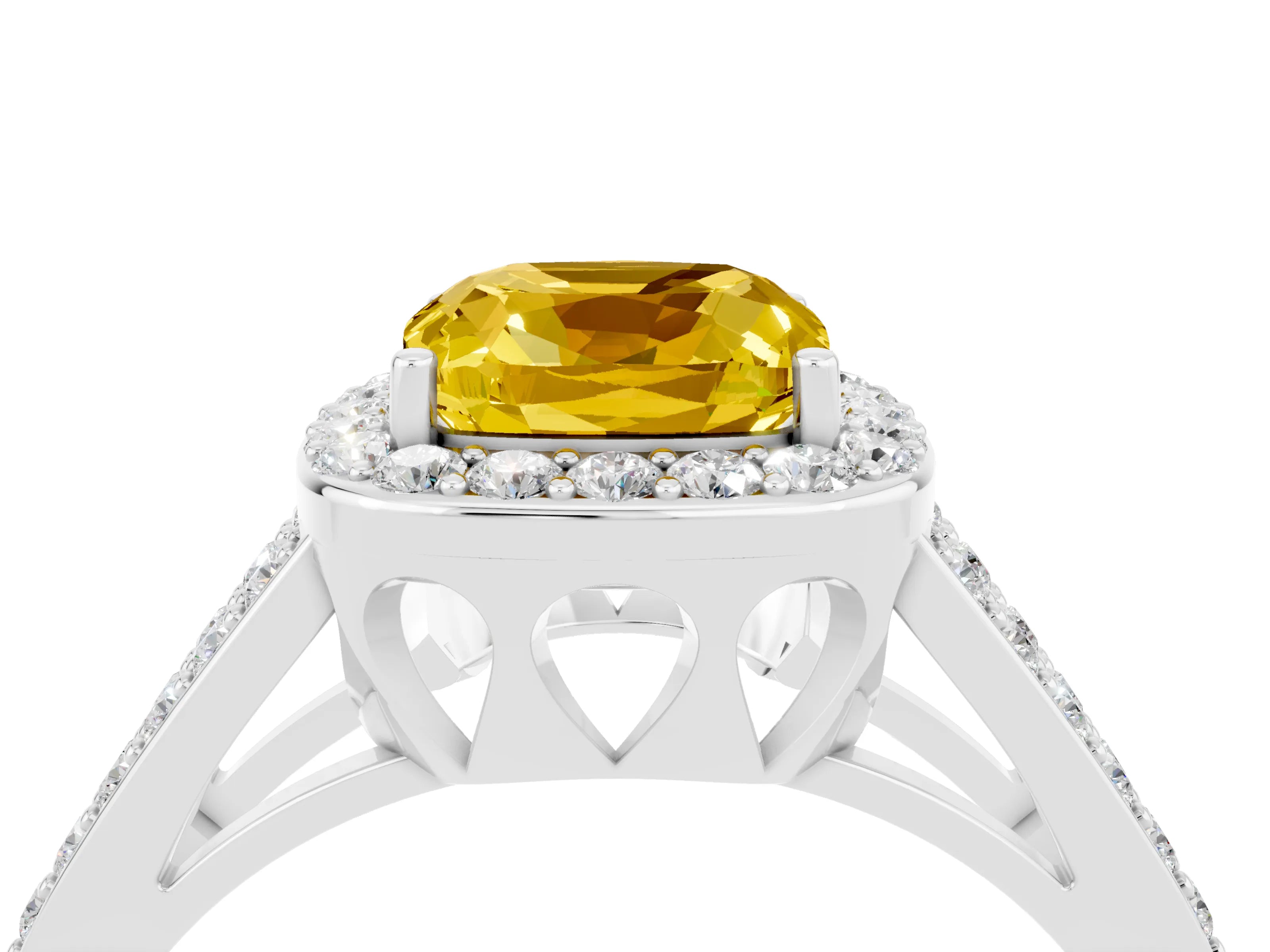 White gold Cushion Cut Yellow Sapphire Halo Ring with Split Shank U-Prong Band and Four-Prong Setting_4