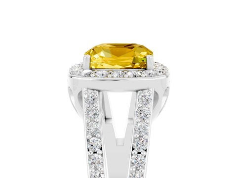 White gold Cushion Cut Yellow Sapphire Halo Ring with Split Shank U-Prong Band and Four-Prong Setting_5