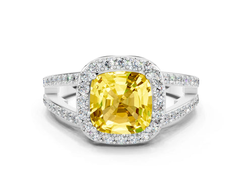 White gold Cushion Cut Yellow Sapphire Halo Ring with Split Shank U-Prong Band and Four-Prong Setting