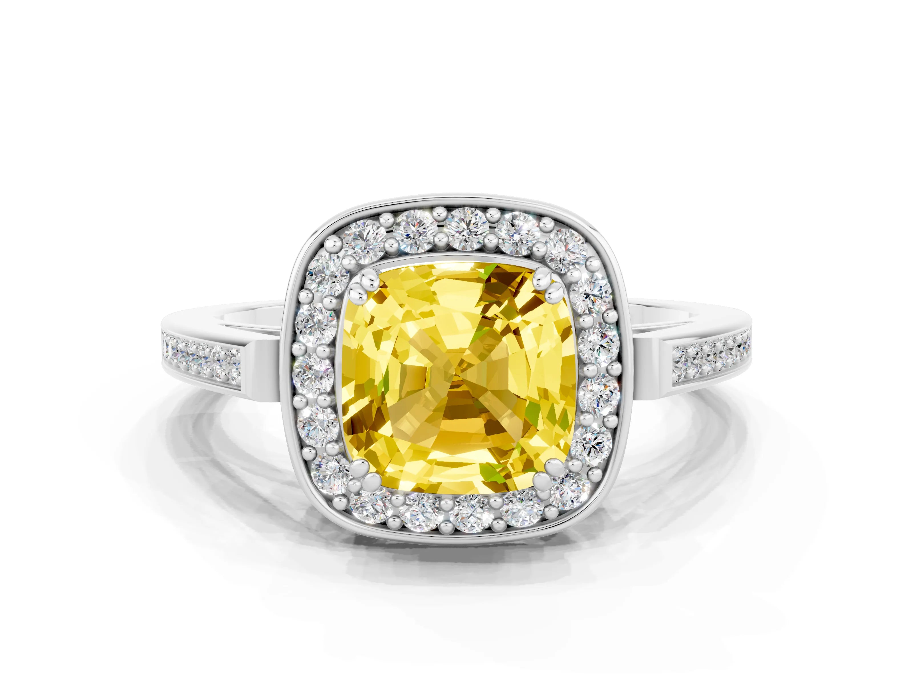 White gold Cushion Cut Yellow Sapphire Halo Ring with Split Shank and Four-Prong Setting