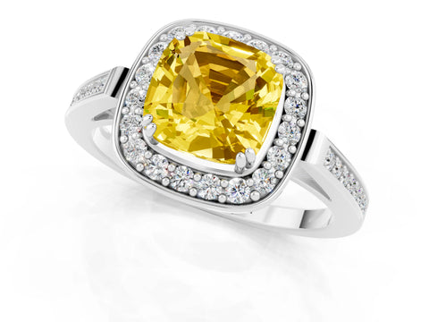 White gold Cushion Cut Yellow Sapphire Halo Ring with Split Shank and Four-Prong Setting_1