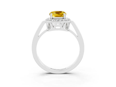White gold Cushion Cut Yellow Sapphire Halo Ring with Split Shank and Four-Prong Setting_27