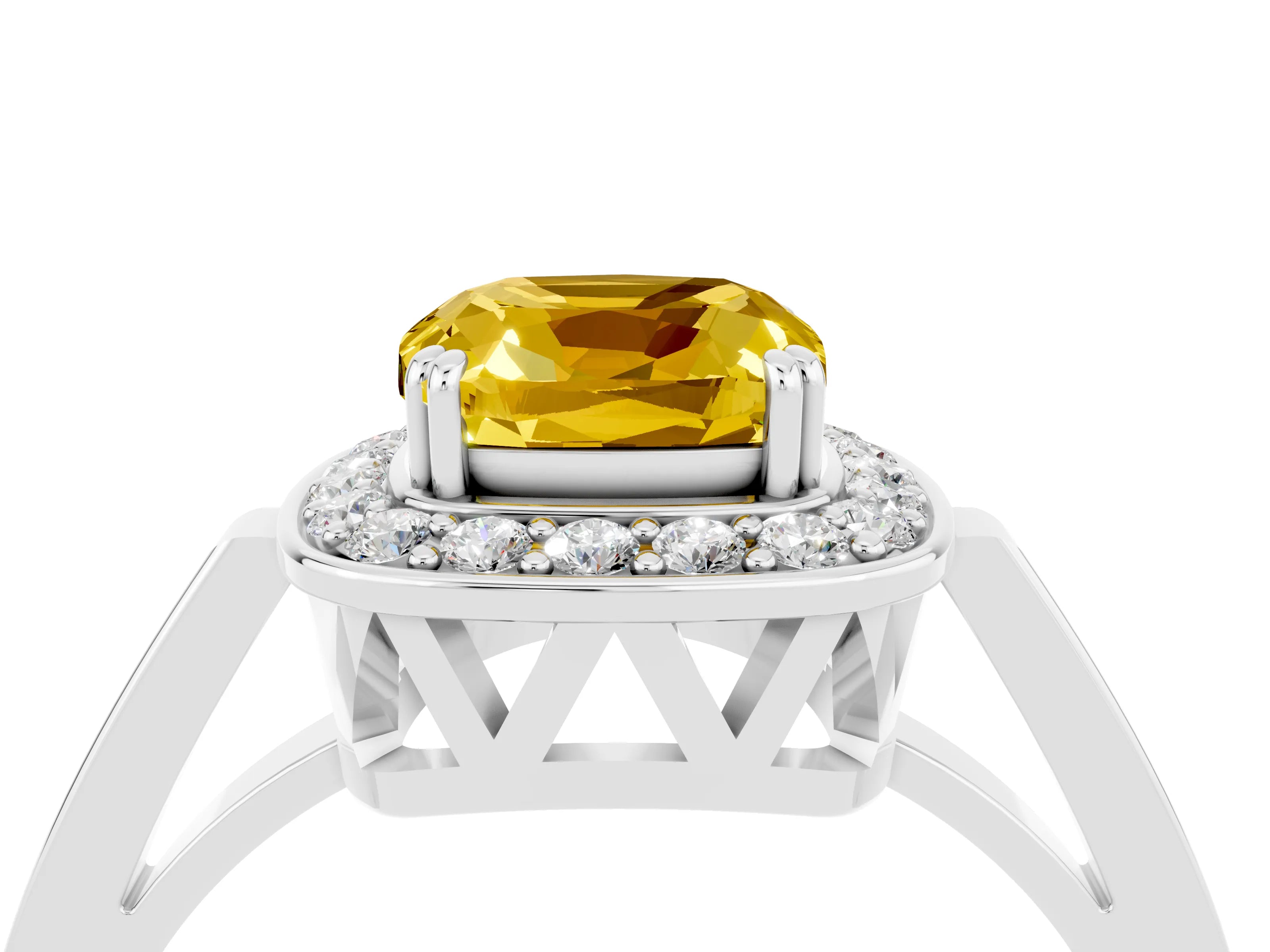 White gold Cushion Cut Yellow Sapphire Halo Ring with Split Shank and Four-Prong Setting_28