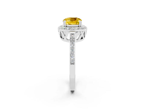 White gold Cushion Cut Yellow Sapphire Halo Ring with Split Shank and Four-Prong Setting_2
