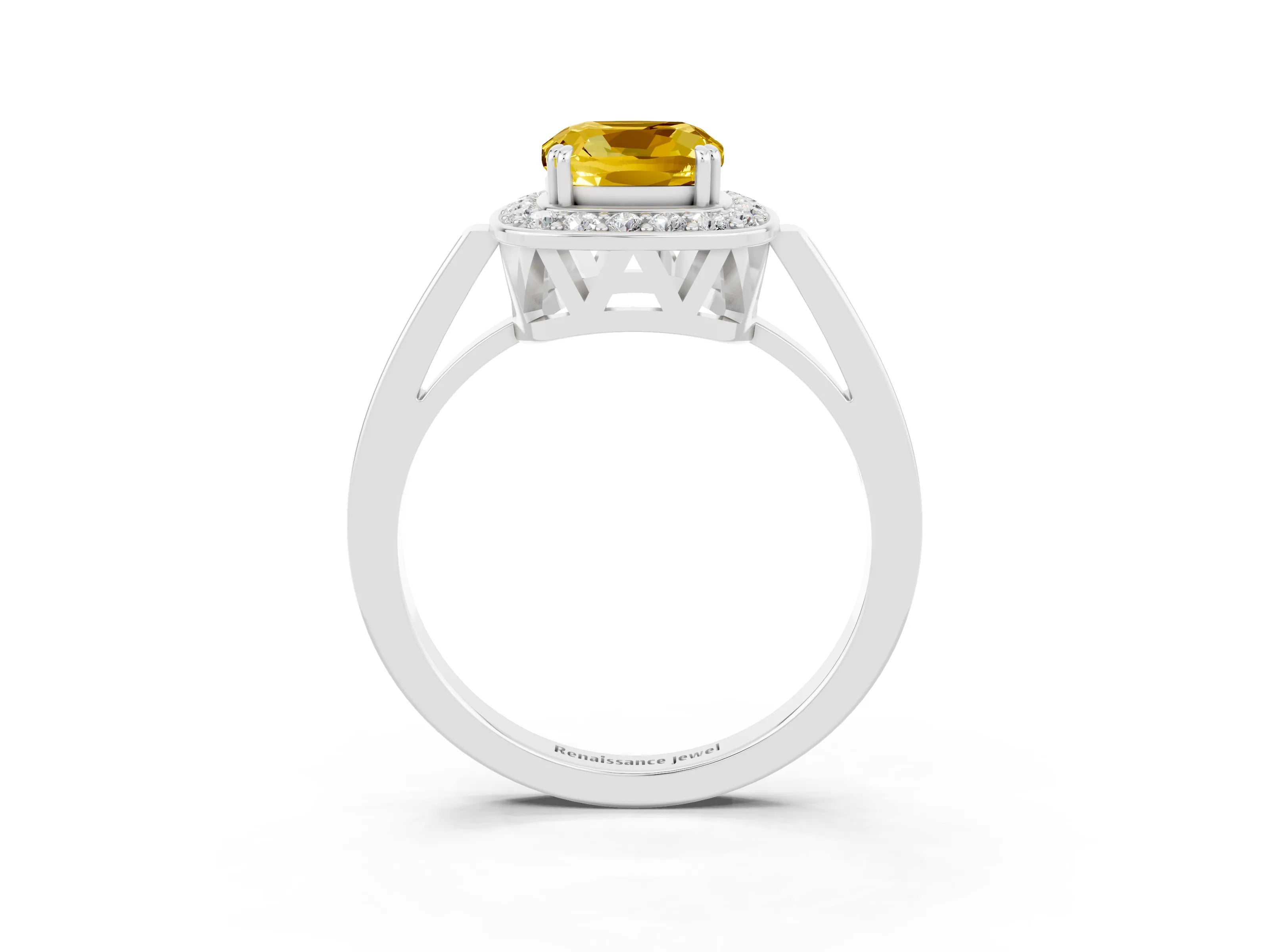 White gold Cushion Cut Yellow Sapphire Halo Ring with Split Shank and Four-Prong Setting_3