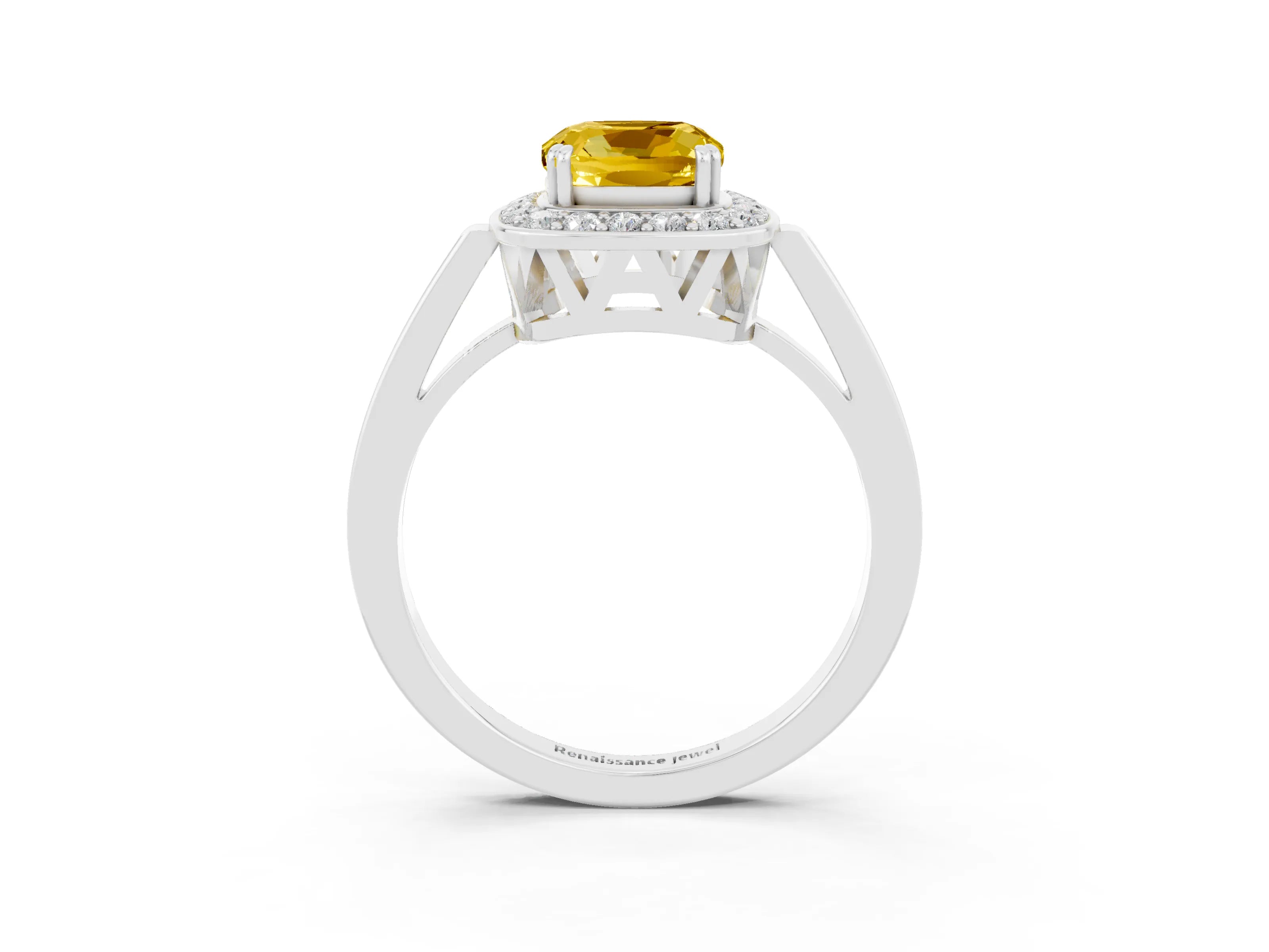 White gold Cushion Cut Yellow Sapphire Halo Ring with Split Shank and Four-Prong Setting_33