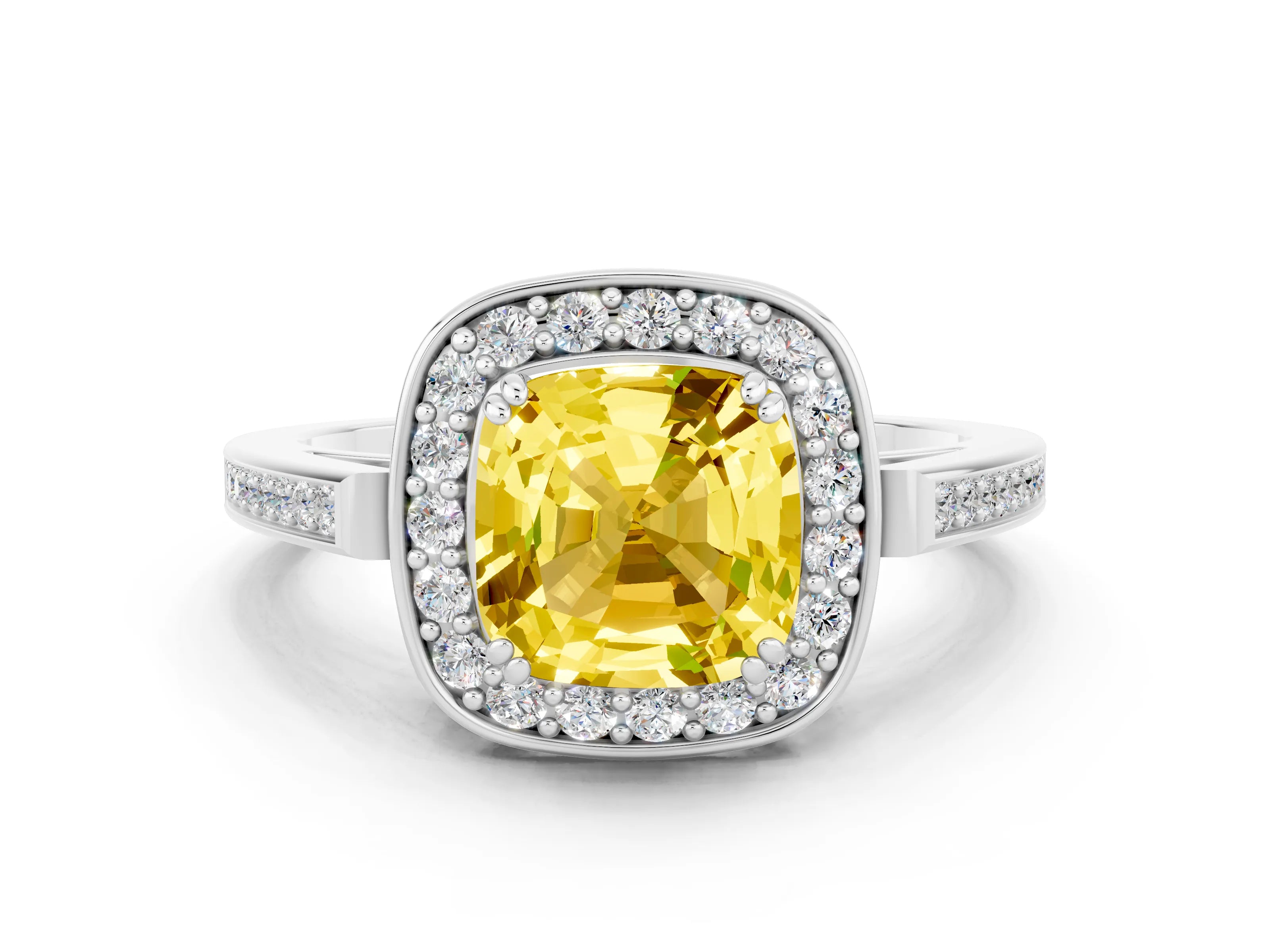 White gold Cushion Cut Yellow Sapphire Halo Ring with Split Shank and Four-Prong Setting_6
