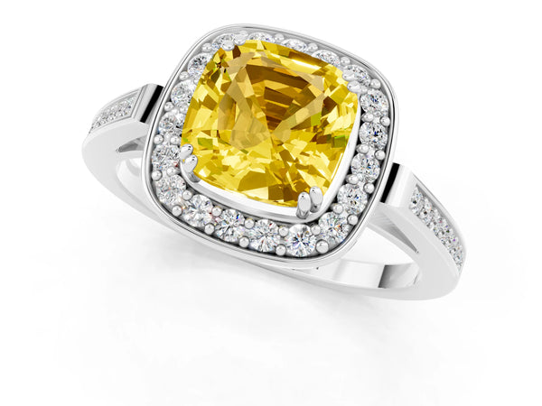 Silver Cushion Cut Yellow Sapphire Halo Ring with Split Shank and Four-Prong Setting