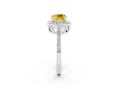 White gold Cushion Cut Yellow Sapphire Halo Ring with Split Shank and Four-Prong Setting_8