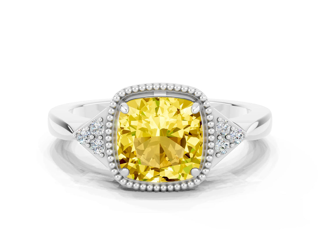 White gold Cushion Cut Yellow Sapphire Halo Ring with Tapered Band and Four-Prong Setting