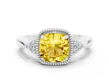White gold Cushion Cut Yellow Sapphire Halo Ring with Tapered Band and Four-Prong Setting