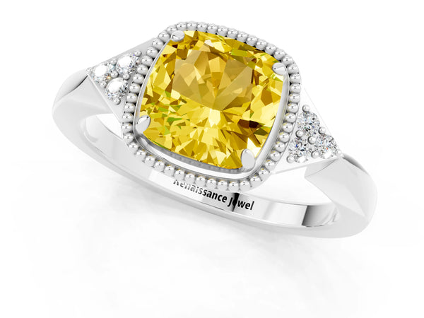 Platinum Cushion Cut Yellow Sapphire Halo Ring with Tapered Band and Four-Prong Setting
