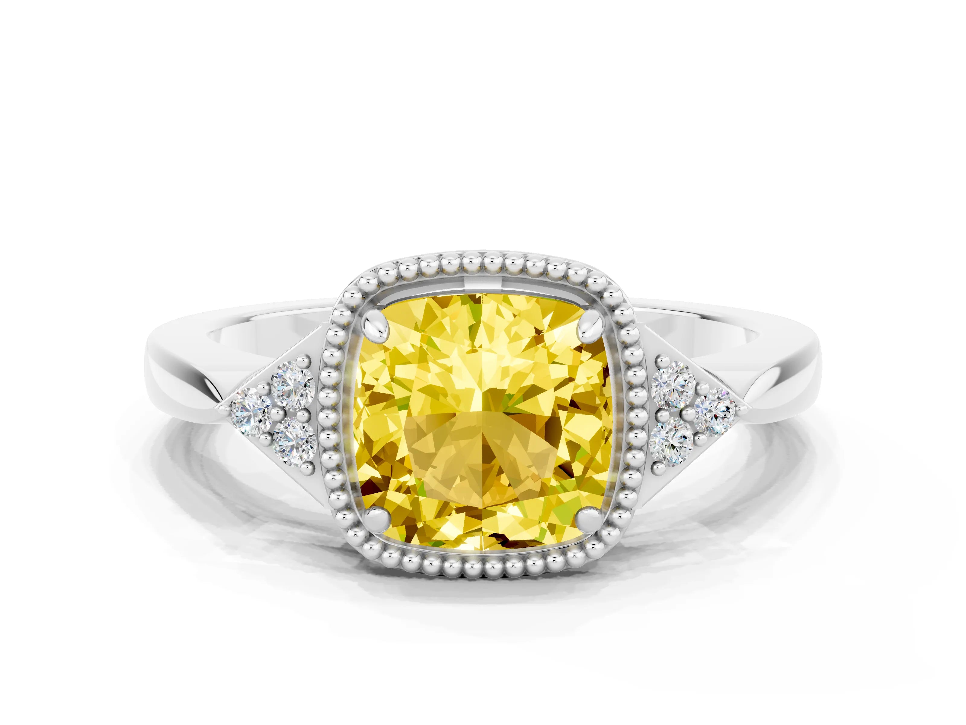 White gold Cushion Cut Yellow Sapphire Halo Ring with Tapered Band and Four-Prong Setting